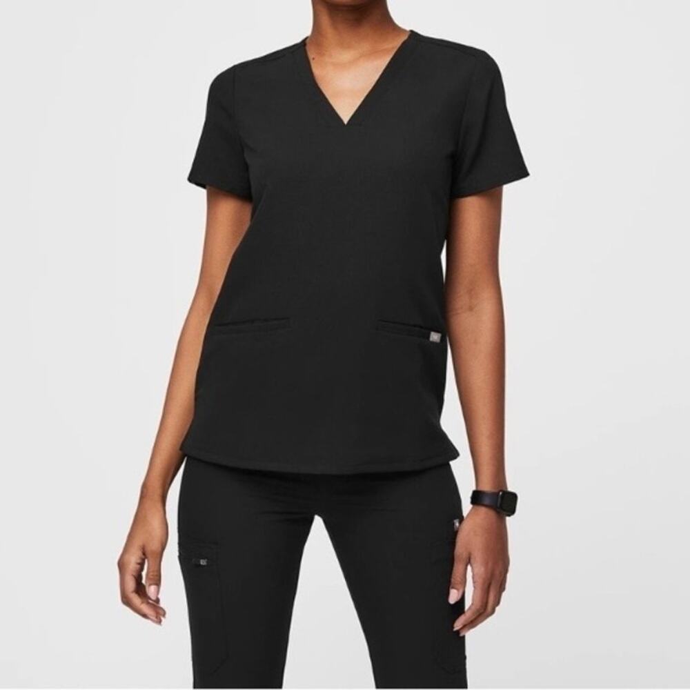 Figs Wmns Sz XS Three Pocket Black Casma Scrub Top Short Sleeve